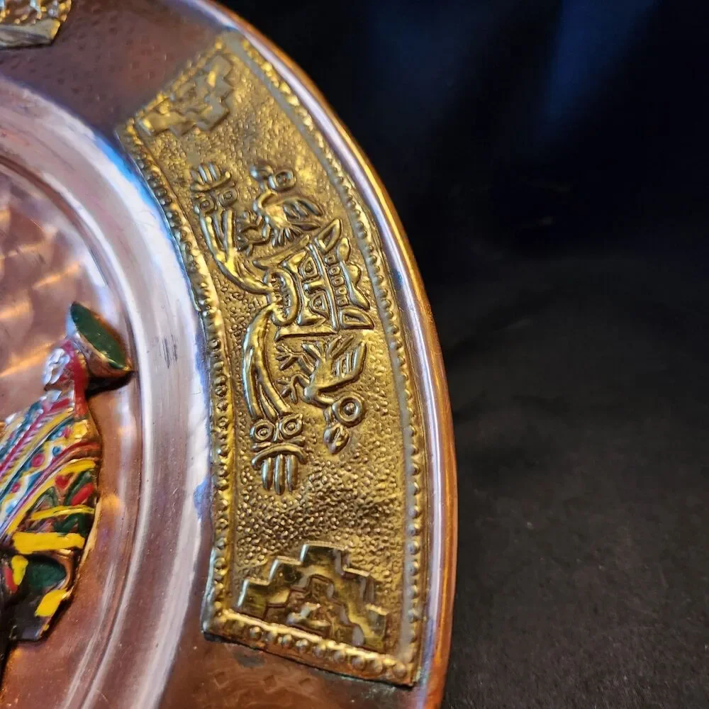Vintage Peru Copper Metal Decorative Plate Handpainted